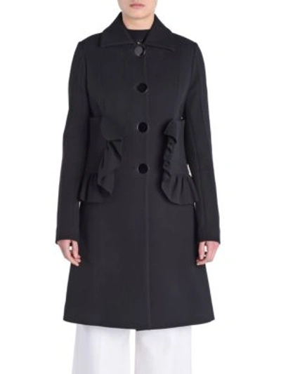 Shop Marni Long Ruffle-trim Coat In Black