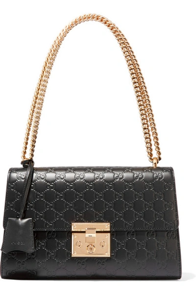 Gucci Padlock Medium Embossed Leather Shoulder Bag In Black