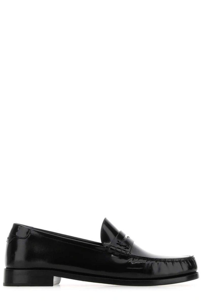 Shop Saint Laurent Logo Plaque Slip-on Loafers In Nero