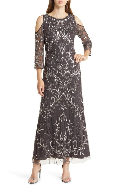 Shop Pisarro Nights Beaded Cold Shoulder Gown In Ash