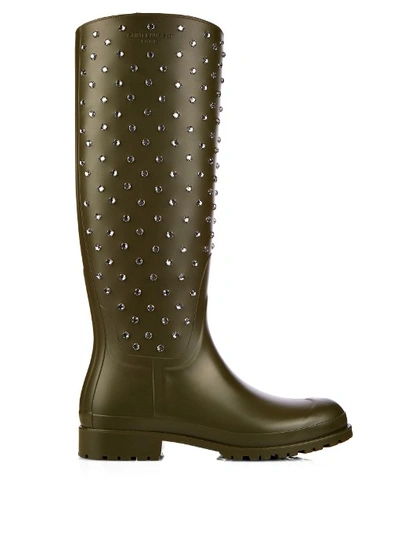 Saint Laurent Festival 25 Studded High Boot In Dark Khaki Rubber And Crystal In Olive