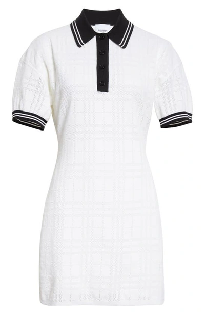 Shop Burberry Eloisa Jacquard Check Cotton Blend Polo Shirtdress In White