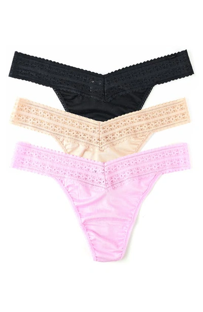 Shop Hanky Panky Dream Lace Trim Thong In Pink/ Black/ Beige