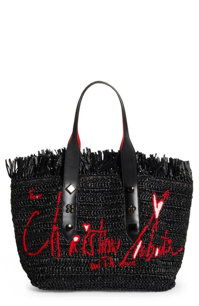 Shop Christian Louboutin Medium Frangibus Woven Raffia Tote In Black-multi/black/gun Metal