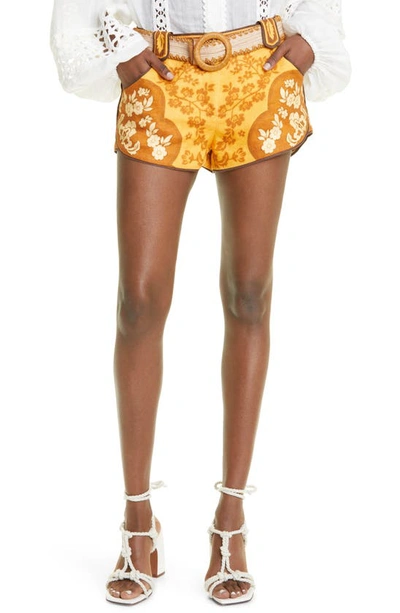 Shop Zimmermann Raie Placed Print Linen Shorts In Gold Brown Floral