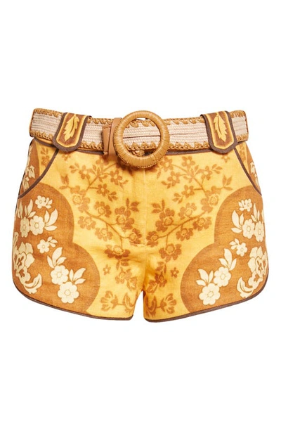 Shop Zimmermann Raie Placed Print Linen Shorts In Gold Brown Floral