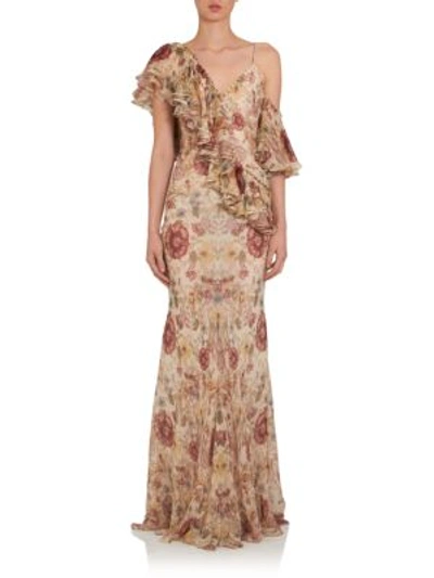 Shop Alexander Mcqueen Ruffled Silk Floral-print Gown In Multicolor