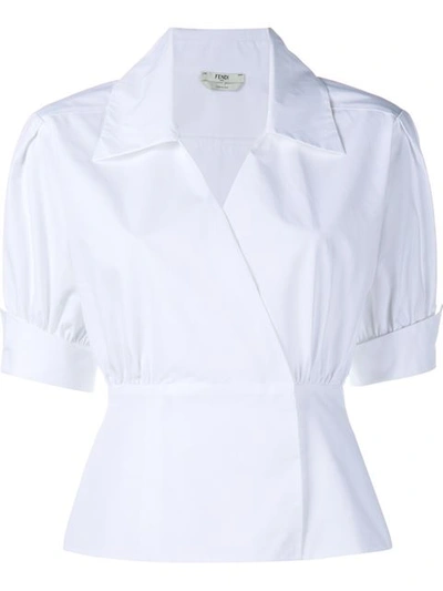 Fendi Shortsleeved Cotton Wrap Shirt In White