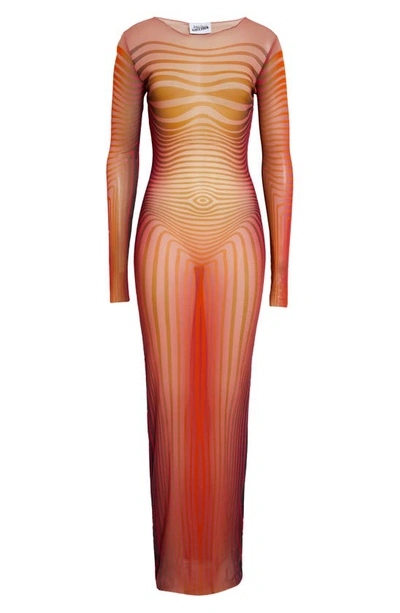 Shop Jean Paul Gaultier The Red Body Morphing Stripe Long Sleeve Tulle Maxi Dress In Red/ Orange