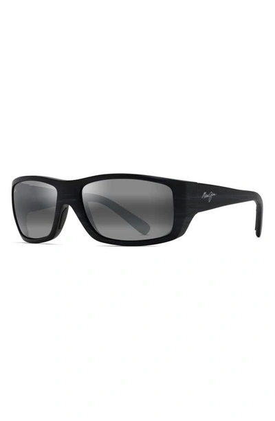 Shop Maui Jim Wassup 60.5mm Polarized Sport Sunglasses In Matte Black Wood Grain/ Grey