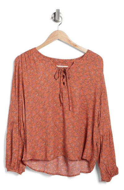 Shop Lucky Brand Lace-up Long Sleeve Blouse In Pink Multi