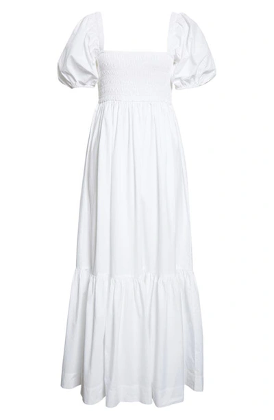 Shop Ganni Smocked Organic Cotton Poplin Maxi Dress In Bright White
