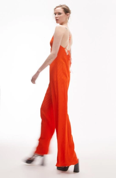 Topshop Cami Jacquard Jumpsuit In Red In Red
