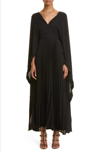 Shop Valentino Cape Effect Long Sleeve Pleated Silk Maxi Dress In 0no-nero
