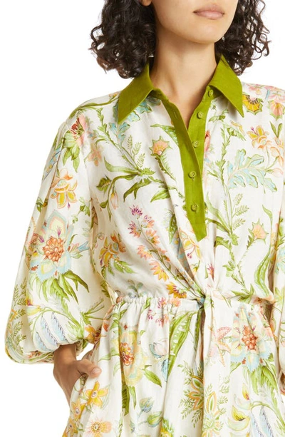 Shop Alemais Ira Floral Twist Front Long Sleeve Linen Midi Shirtdress In Lemon/ Cream