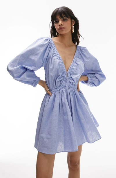 Shop Topshop Long Sleeve Linen & Cotton Romper In Medium Blue