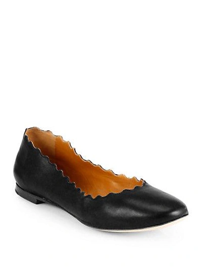 Shop Chloé Scalloped Leather Ballet Flats In Black