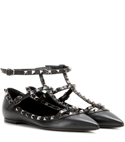 Shop Valentino Garavani Rockstud Noir Leather Ballerinas In Black