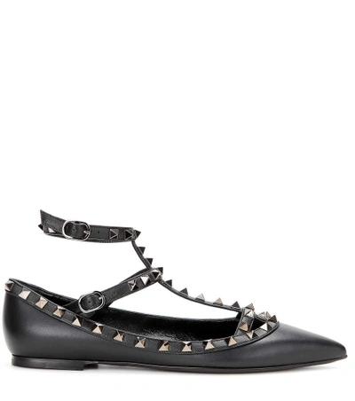 Shop Valentino Garavani Rockstud Noir Leather Ballerinas In Black