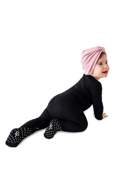Posh Peanut Solid Black Fitted Rib Convertible Footie Pajamas In Black