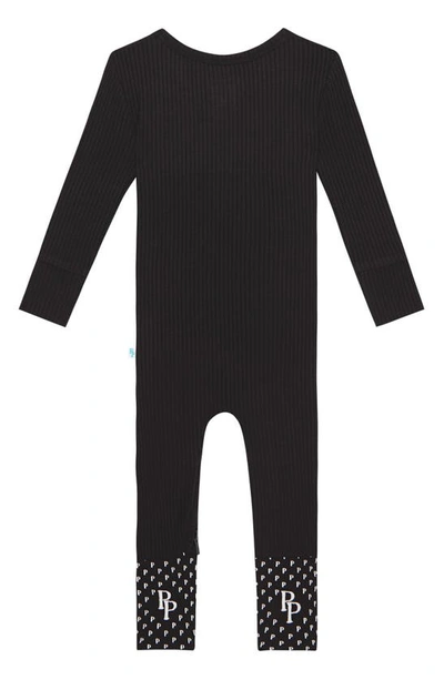 Posh Peanut Solid Black Fitted Rib Convertible Footie Pajamas In Black