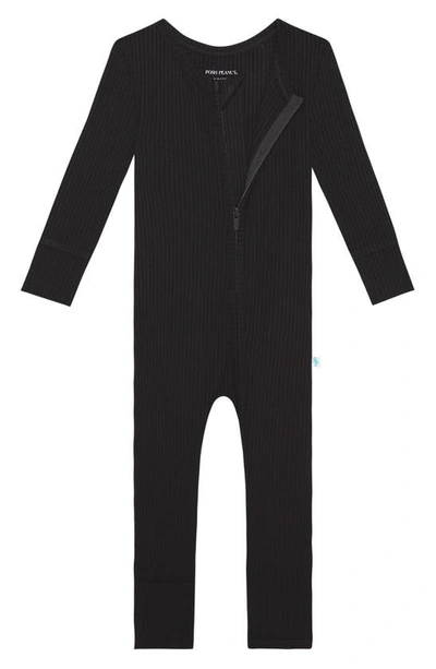 Posh Peanut Solid Black Fitted Rib Convertible Footie Pajamas In Black