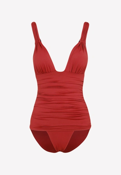Shop Moeva Carina Ruched One-piece Swimsuit In Red
