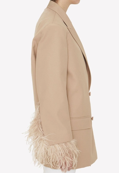 Shop Valentino Double-breasted Feather-embellished Blazer In Nude