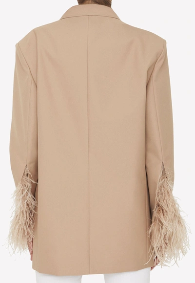 Shop Valentino Double-breasted Feather-embellished Blazer In Nude