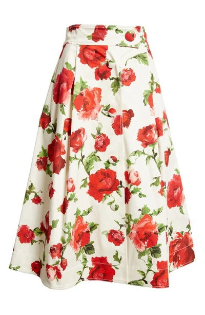 Shop Carolina Herrera Rose Print Button Front Cotton A-line Skirt In Pearl Multi
