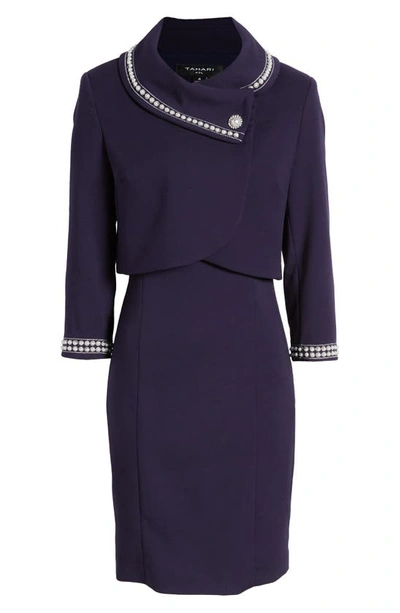 Tahari Asl Beaded Dress Suit In Midnight Navy