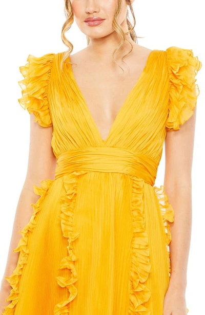 Shop Mac Duggal Pleated Ruffle Cap Sleeve Chiffon Gown In Marigold