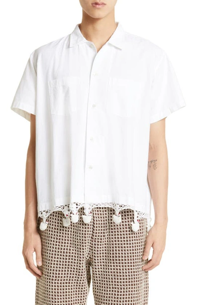 Shop Bode Crochet Chick Short Sleeve Cotton Button-up Shirt In Cream