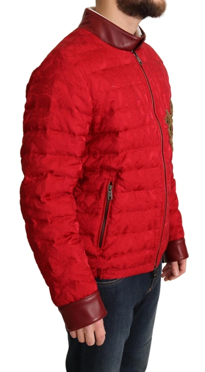 Dolce & Gabbana Red Brocade Bomber Gold Crown Logo Coat Jacket In Red