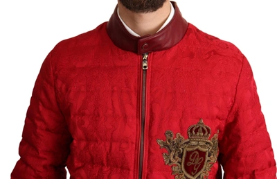 Dolce & Gabbana Red Brocade Bomber Gold Crown Logo Coat Jacket In Red