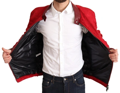 Dolce & Gabbana Red Brocade Bomber Gold Crown Logo Coat Jacket In Red