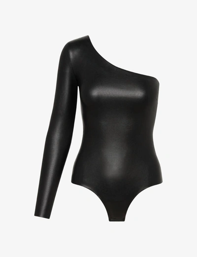Shop Commando Faux Leather Long Sleeve One Shoulder Bodysuit In Black