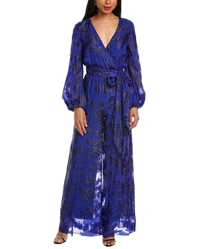 Shop ml Monique Lhuillier Metallic Silk-blend Jumpsuit In Blue