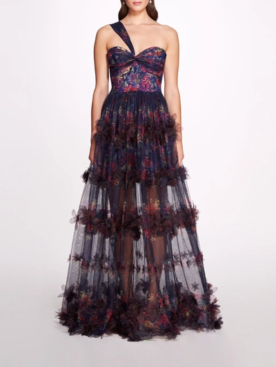 Shop Marchesa Watercolor Garland Gown In Navy Multi