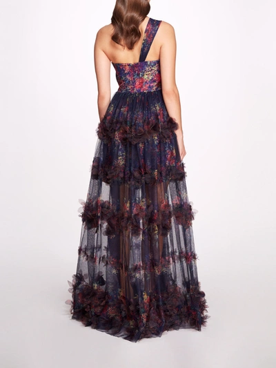 Shop Marchesa Watercolor Garland Gown In Navy Multi
