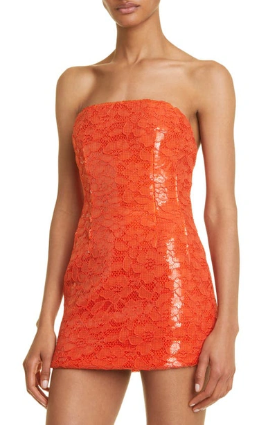 Shop Laquan Smith Sequin Floral Lace Strapless Minidress In Orange