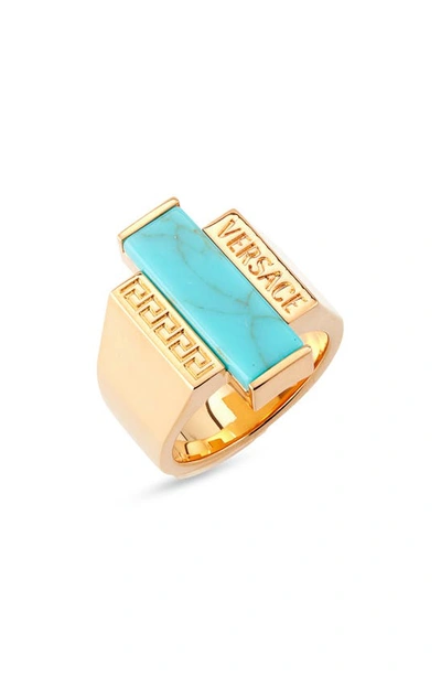 Shop Versace Greca Turquiose Ring In  Goldurquoise