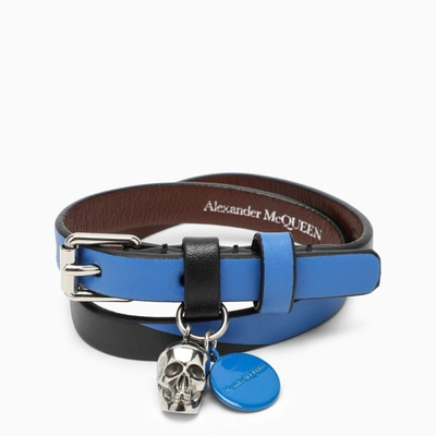 Shop Alexander Mcqueen Two-tone Leather Skull Bracelet In Blue
