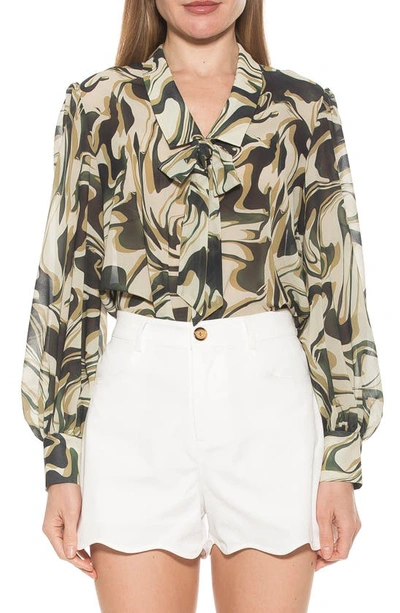 Alexia Admor Serena Long Sleeve Tie Neck Blouse In Green Multi