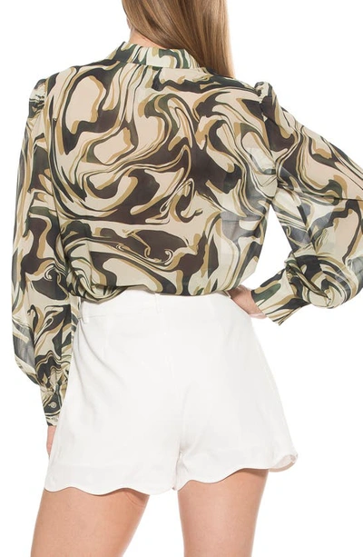 Alexia Admor Serena Long Sleeve Tie Neck Blouse In Green Multi