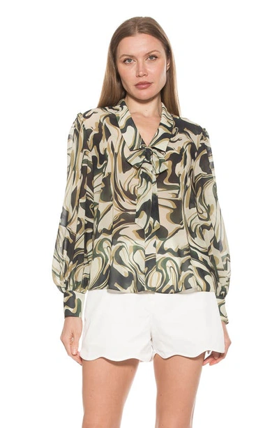 Alexia Admor Serena Long Sleeve Tie Neck Blouse In Green Multi