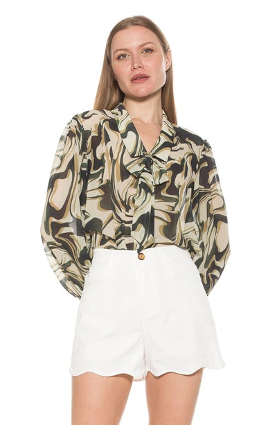 Alexia Admor Serena Long Sleeve Tie Neck Blouse In Green Multi