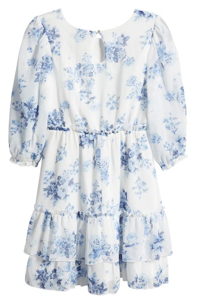 Shop Zunie Kids' Floral Ruffle Waist Dress In White/ Blue