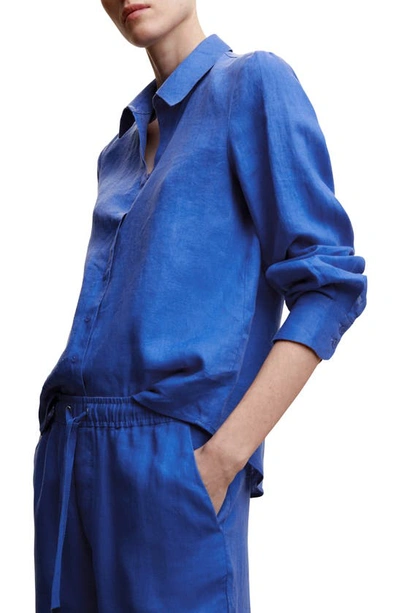Mango Linen Button-up Shirt In Medium Blue