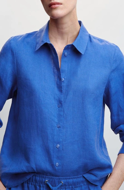 Mango Linen Button-up Shirt In Medium Blue